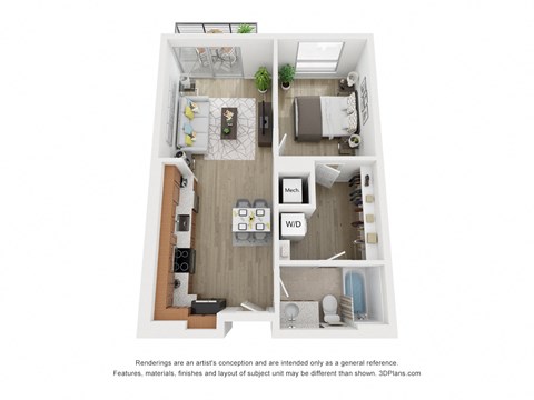 Floor plan for 1 bed, 1 bath, 683 sqft